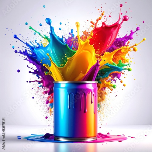 A vibrant array of colorful paint splashes bursts from an open metal can, showcasing vivid hues of blue, red, yellow, and green against a neutral background.