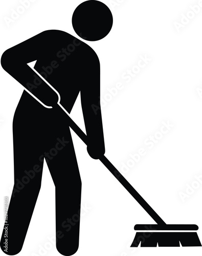 Silhouette of person sweeping floor with broom, cleaning service concept, janitor maintenance icon, sanitation and hygiene symbol