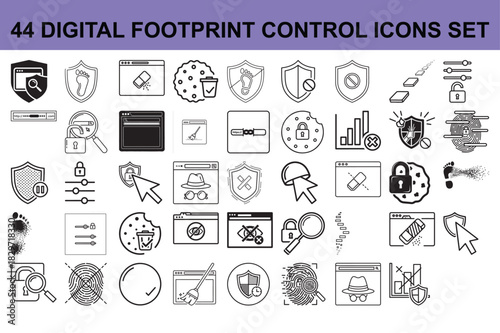 Collection of 44 Vector Icons Representing Digital Footprint Control Privacy Protection Data Security and Internet Safety in Black and White Style Isolated