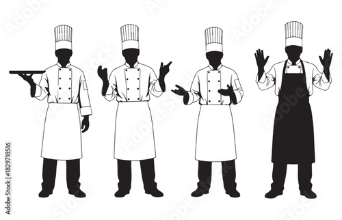 Four silhouetted chefs in traditional uniforms standing ready to serve or prepare food