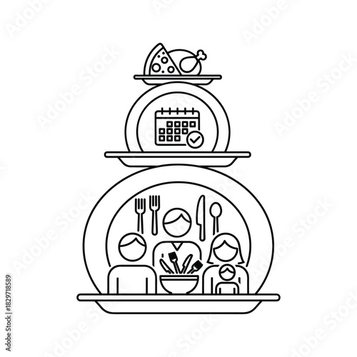 Outline icon set representing family meal planning, scheduling, and serving food on stacked plate concept isolated on