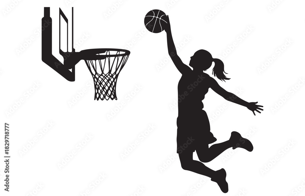 Fototapeta premium Silhouette of a young female basketball player leaping high to dunk the ball into the hoop