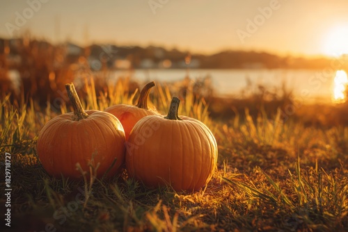 Pumpkins and Gourds on Grass at Sunset: Autumn Thanksgiving Scene
