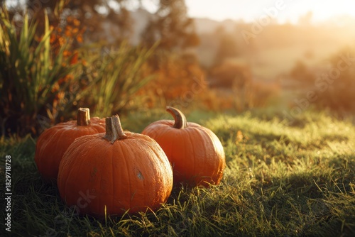 Warm Fall Scene: Thanksgiving Pumpkins and Gourds on Grassy Slope