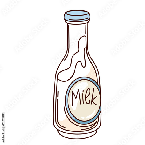 Milk bottle in groovy cartoon style with bold outline accents and cute dairy sticker vibe, creamy milk detail and simple line design, outline vector illustration.