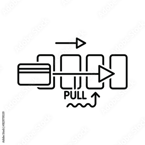 Black and white line icon illustrating the process of pulling a credit card through a slot or reader