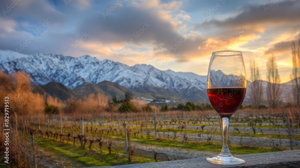 Fototapeta premium Wine Glass with Vineyard and Snowy Mountains at Sunset