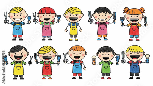 Diverse Group of Cheerful Cartoon Children as Hair Stylists and Barbers Vector Illustration