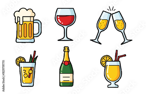 Collection of six refreshing alcoholic beverage illustrations including beer wine champagne cocktails and a bottle