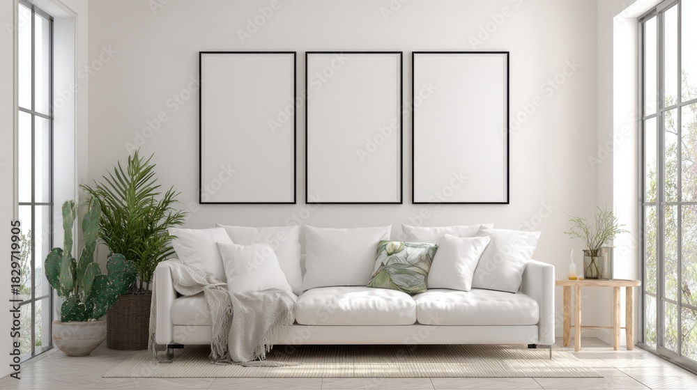 Obraz premium Modern living room interior with white sofa and art