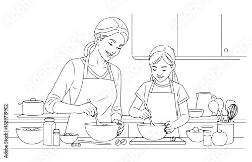 Two people in aprons are shown in a kitchen preparing food together at a counter
