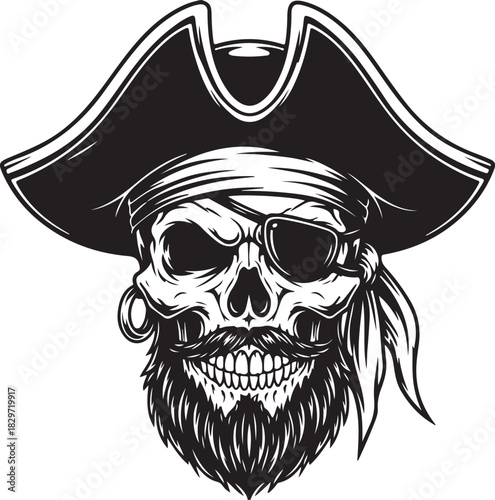 Fearsome pirate skull with eyepatch bandana beard and tricorne hat illustration