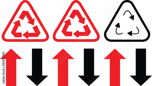 Recycling signs with red and black arrows pointing in different directions