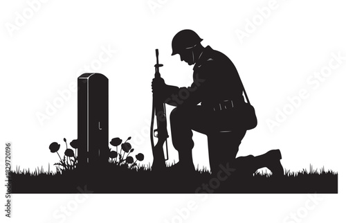Solemn silhouette of a soldier kneeling in remembrance at a grave with poppies
