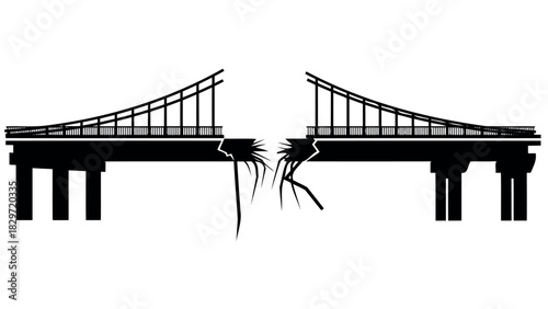 Broken suspension bridge illustration in black and white silhouette
