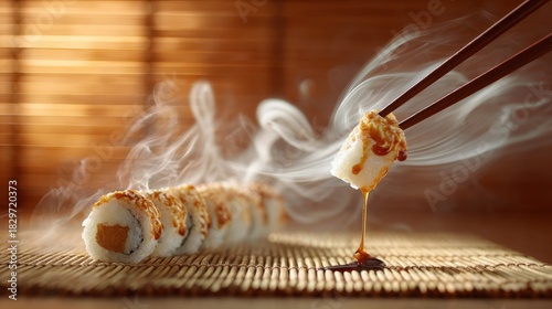 Sushi Roll with Dipping Sauce and Steam