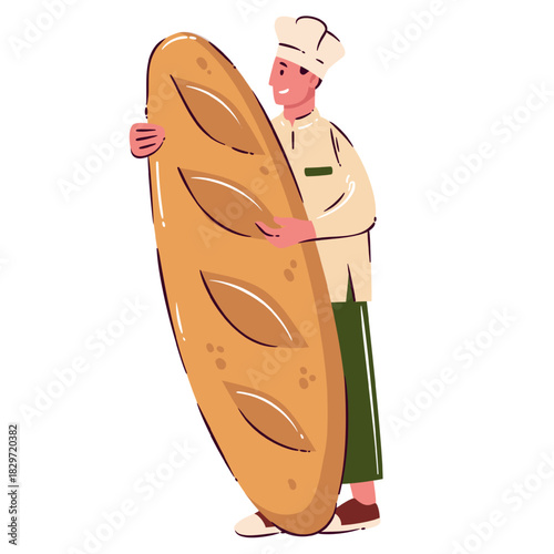 Male chef holding a huge baguette in flat cartoon style, with crisp bread texture and golden crust details, emphasizing the large bakery shape, vector illustration.