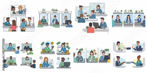Bank tellers and customers engaging in diverse financial transactions, money exchange, deposits, and withdrawals at service counters.