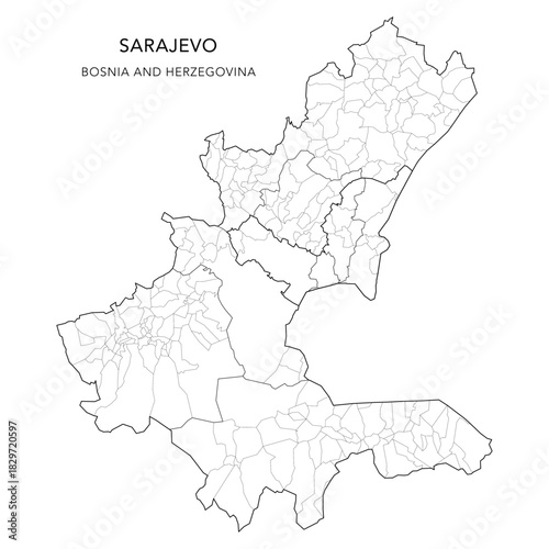 Vector Map of Sarajevo Canton (Kanton Sarajevo, Sarajevska Županija) with Settlements (Naselja), Municipalities, and the City of Sarajevo - FBiH, Bosnia and Herzegovina 2025