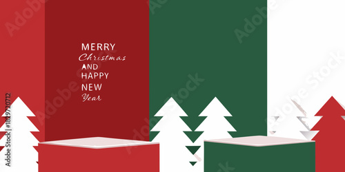 Festive christmas illustration with trees presents and holiday text greetings