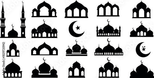 Collection of mosque silhouette designs for islamic holidays and celebrations