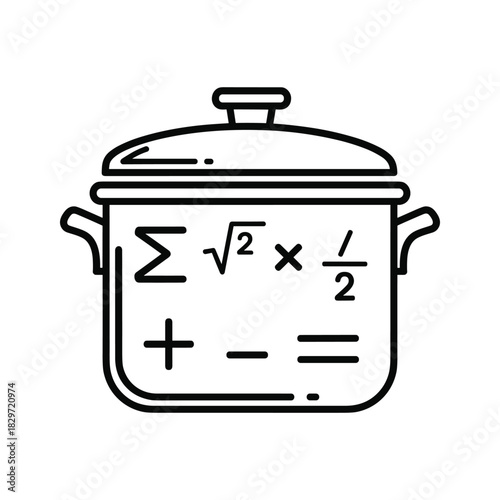 Black and white line art icon of a cooking pot with various mathematical symbols written on its surface