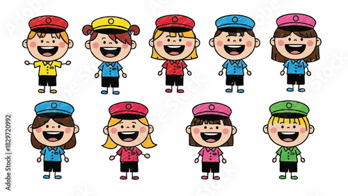 Diverse Group of Cheerful Cartoon Children Wearing Uniform Hats and Shirts