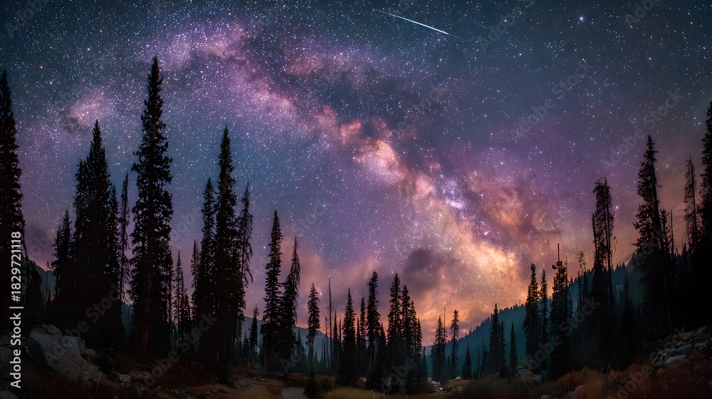 Fototapeta premium Breathtaking astrophotography of the Milky Way arching over a silhouetted forest features a bright shooting star in a purple gradient sky.