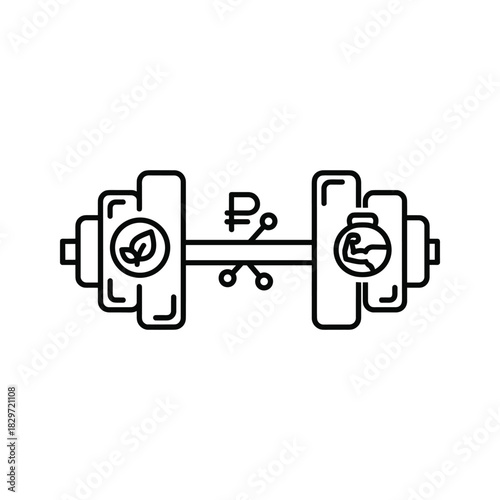Line icon of a dumbbell with fitness, currency, and healthy lifestyle symbols on