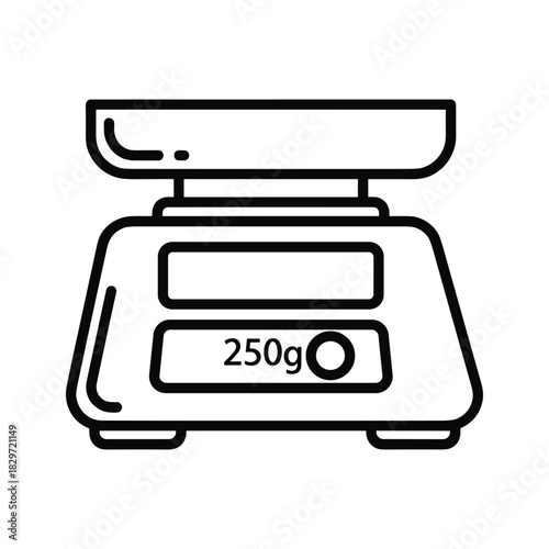 Outline icon of a digital kitchen scale displaying a weight measurement of 250 grams, isolated on