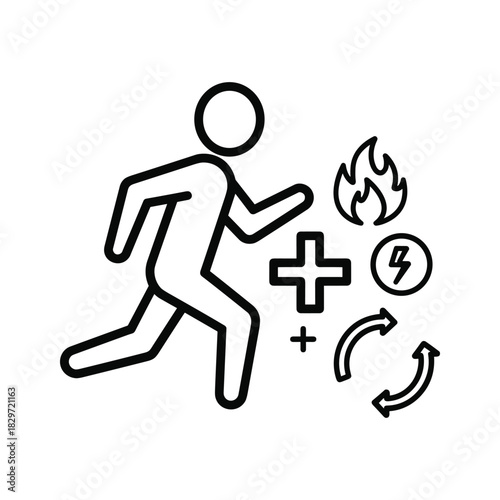 Icon representing running person with symbols for metabolism boost, energy, heat, and recovery cycle isolated on