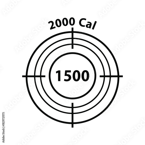 Black and white graphic icon representing a target with concentric circles and crosshairs showing calorie counts 1500 and 2000 cal isolated on