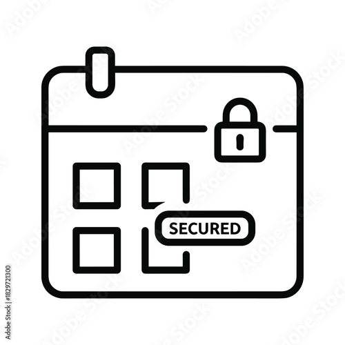 Black and white line icon of a calendar page with a padlock symbol and a secured tag indicating a locked or reserved date