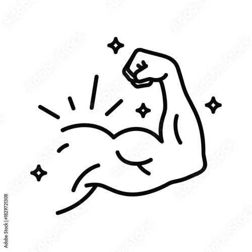 Simple black and white line art icon illustrating a strong flexing bicep muscle with sparkles, isolated on