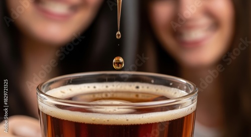Close-up of coffee pouring with blurred smiling female figures in background