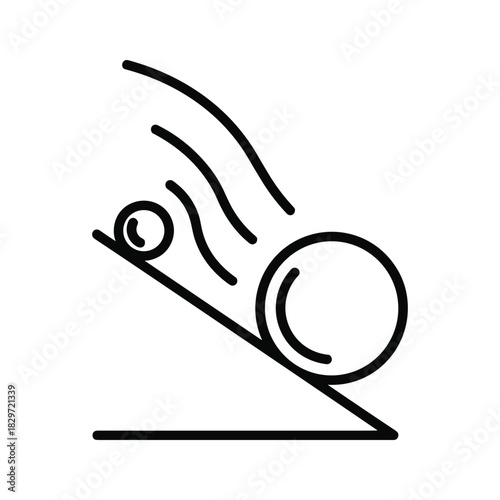 Simple black and white line icon illustrating the concept of rolling balls descending an inclined plane or ramp with motion lines