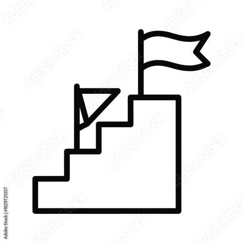 Simple black and white line icon representing achievement, success, and reaching the top of a podium or stairs with a flag