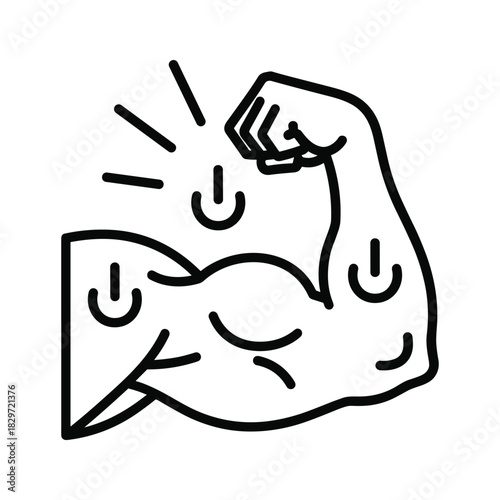 Simple black and white line art icon of a flexing bicep muscle with a happy face expression, isolated on