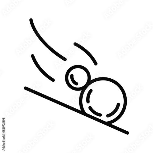 Simple black and white line icon representing two balls rolling down a steep incline or slope with motion lines