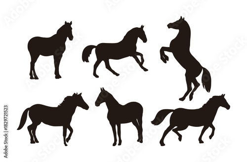 Horse silhouettes in various dynamic poses, including standing, running, and rearing. This vector set is ideal for logos, equestrian branding, graphic design elements, and Year of the Horse projects.