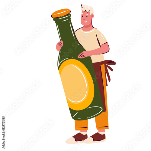 Male chef holding a huge oil bottle in flat cartoon style, with strong bottle details and glossy liquid accents, emphasizing the oversized olive-oil shape, vector illustration.