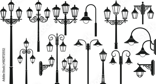 Extensive vector set of vintage and modern street lamps and decorative lampposts, black silhouettes for city lighting design, urban park scenery, and classic exterior architecture elements.