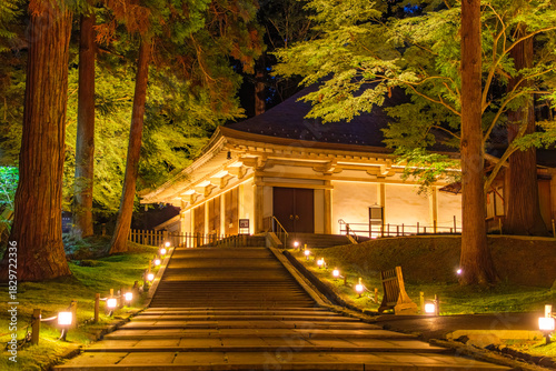 岩手県平泉町 中尊寺金色堂 秋のライトアップ