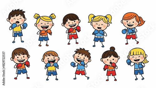 Diverse Group of Cheerful Cartoon Children Wearing Boxing Gloves