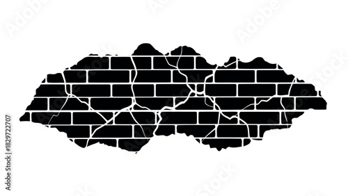 Cracked brick wall silhouette with detailed fracture lines and rough edges silhouette