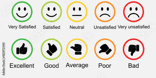 Rating emojis set in different colors. Feedback emoticons collection. Excellent, good, average, poor, bad emoji icons. Flat icon set of rating and feedback emojis icons in various colors.