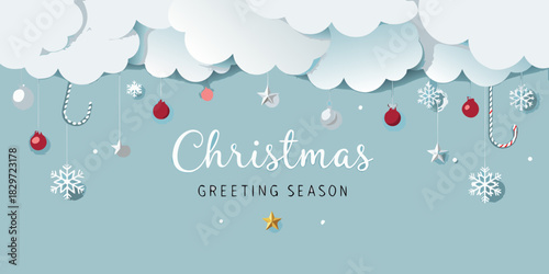 Festive christmas greeting with paper clouds ornaments and seasonal text