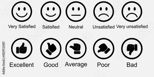 Rating emojis set in different colors. Feedback emoticons collection. Excellent, good, average, poor, bad emoji icons. Flat icon set of rating and feedback emojis icons in various colors.