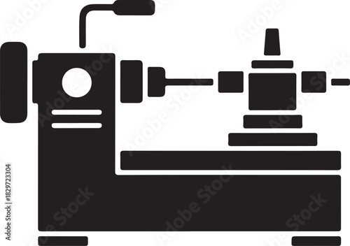 Industrial lathe machine vector icon for manufacturing and engineering workshops on a solid black background
