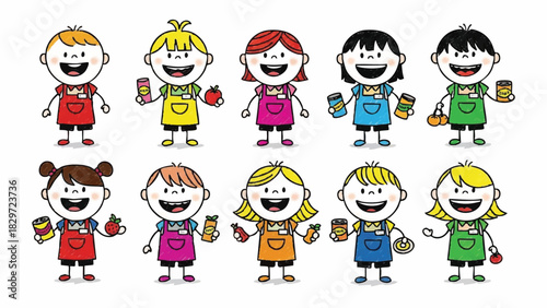 Happy Cartoon Kids Group Holding Healthy Snacks and Drinks Illustration